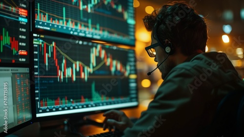 Trader Monitoring Stock Market Charts on Multiple Computer Screens