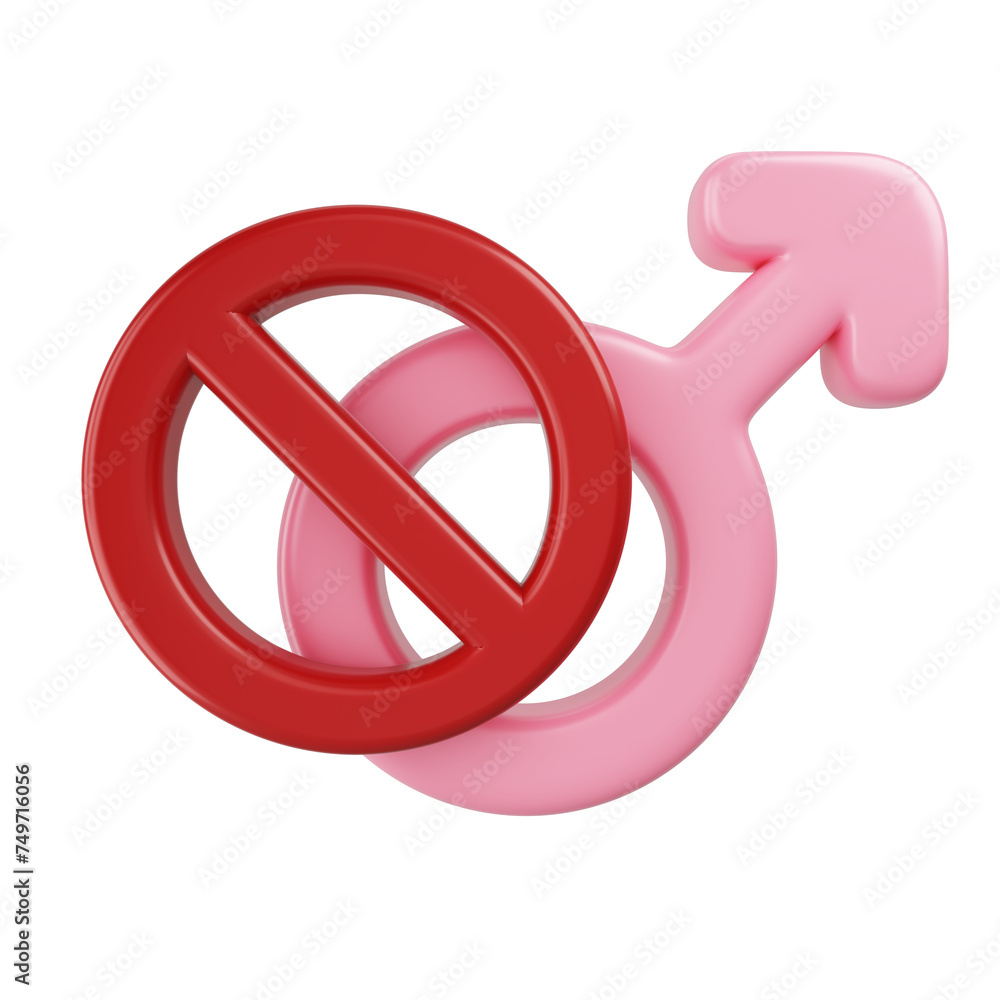 3D object pink male gender symbol and red stop sign. Sex education, sexual and relationships, violence, prostitution and gender equality law. PNG file type. 3D illustration. 3D object pink male gender symbol and red stop sign. Sex education, sexual and relationships, violence, prostitution and gender equality law. PNG file type. 3D illustration.