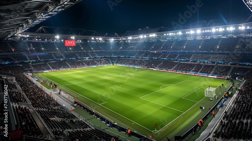 Majestic View of a Soccer Stadium at Night with Illuminated Field