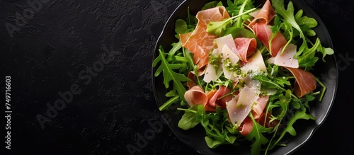 A top view of a plate filled with a colorful salad featuring prosciutto, parsley, rucola, and Parmesan cheese on a sleek black background. The vibrant greens and cured meat create a visually appealing