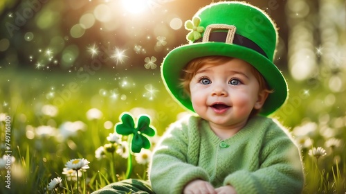 cute baby with St. Patrick Hat on park background 