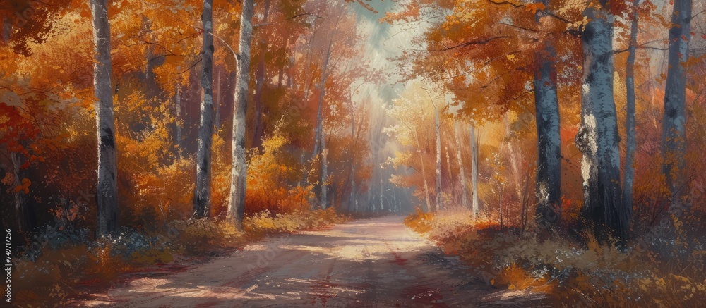 A painting depicting a winding path cutting through a dense autumn forest, with fallen leaves covering the ground and tall trees on either side.
