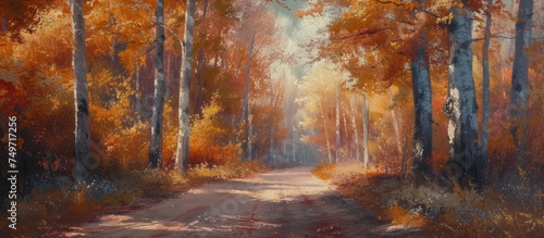 A painting depicting a winding path cutting through a dense autumn forest, with fallen leaves covering the ground and tall trees on either side.