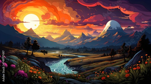 psychedelic art landscape with sunset and mountains, sky, flower field, hippie illustrations with clouds, waves and sun rays, vector background photo