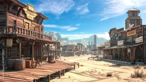 The dusty streets of the western desert town were lined with weather-beaten wooden saloons, their swinging doors creaking in the hot desert breeze, Seamless looping 4k video background animation photo