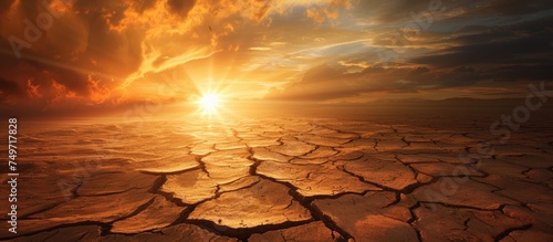 The sun is setting over a barren, cracked earth, showcasing the harsh effects of desertification. The landscape is dry and desolate, with visible cracks running through the ground as a dusty storm