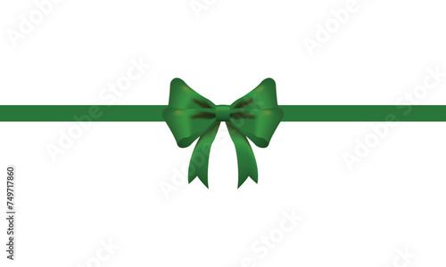 Green bow and horizontal ribbon realistic shiny satin with shadow for decorate your christmas card or website vector EPS10 isolated on white background.