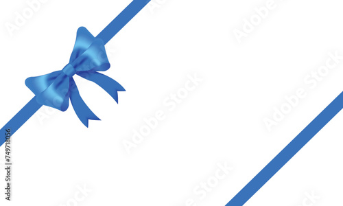 Blue bow realistic shiny satin and ribbon place on corner of paper with shadow for decorate your wedding card,website or gift card,vector EPS10 isolated on white background.