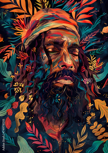 a colorful painting of a man with dreadlocks and a beard