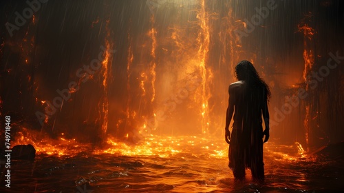 A dramatic and intense portrayal of a rain of fire, capturing the surreal juxtaposition of flames and raindrops in a visually striking and captivating composition