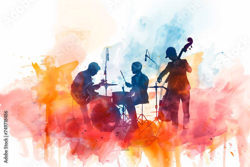 Watercolor illustration with live jazz music band. Music day, international jazz day.