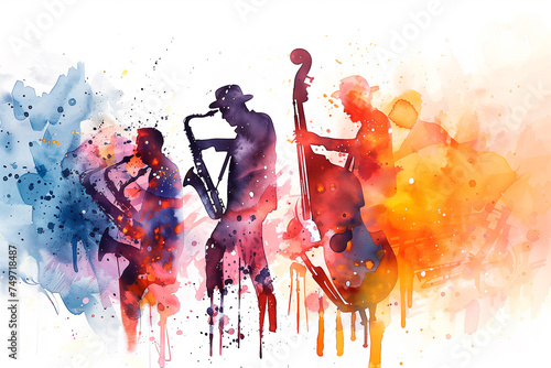 Watercolor illustration with live jazz music band. Music day, international jazz day. photo