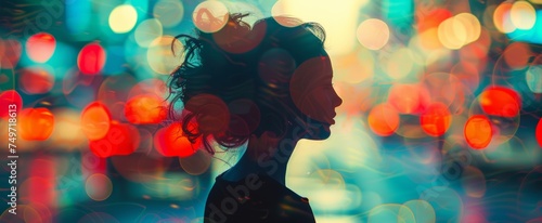 Silhouette of a woman against vibrant city lights, with a bokeh effect creating a mood of urban solitude and contemplation