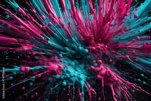Immortalizing a Mesmerizing Moment with Vibrant Magenta and Cyan Paint Splatters, Crafted with Exquisite Precision Through the Lens of an HD Camera, Unveiling an Abstract Spectacle Rich in Stunning De © Malik