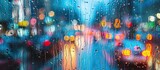 A window with raindrops on the glass, showcasing a blurry background with colorful bokeh and the citys rainy night traffic.