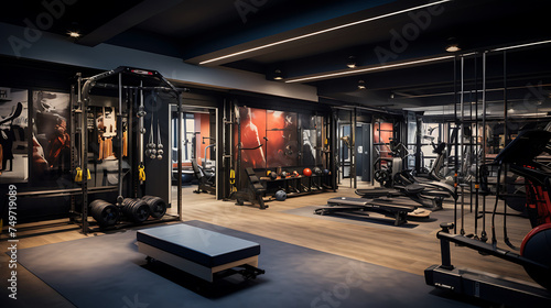 A gym with a classic rock music theme, featuring rock 'n' roll-inspired workouts and music memorabilia. photo