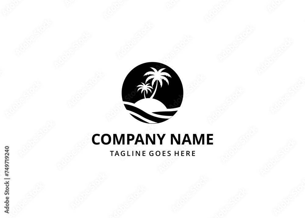 Palm tree logo design vector illustration with sun, moon and sea silhouette. Vector logo design template. Palm tree logo design vector illustration with sun, moon and sea silhouette. Vector logo design template.