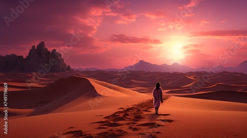 Enchanting Desert Sunset with Figure in Robe and Turban
