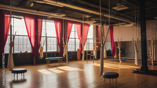 A gym with a focus on aerial fitness, with silks, hoops, and other aerial apparatus.