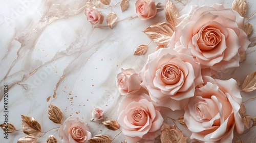 Blush pink flowers set against a white marble backdrop. Generative Ai.