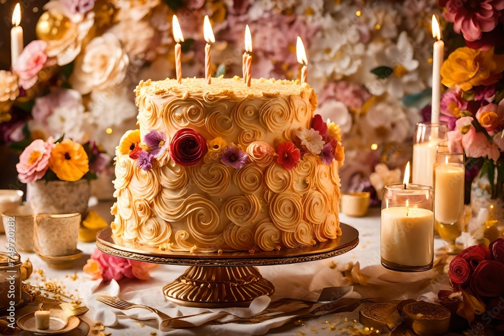  An Intimate Portrait of Birthday Cake Artistry, Revealing Delicate Piped Buttercream Frosting, Edible Floral Embellishments, and Luxurious Gilded Accents. Bask in the Radiance of Candlelight and Fest