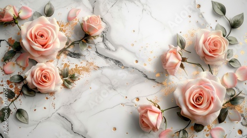 Blush pink flowers set against a white marble backdrop. Generative Ai.