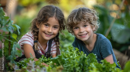 Two kids harvesting fresh veggies. Generative Ai.