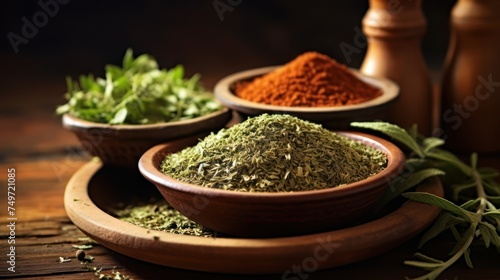 Spiced flour in a container on a wooden table  with spiced leaves around it  and a dark background.
