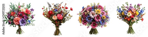 Set of bouquets of different flowers isolated on transparent background