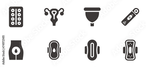 Menstruation line flat icon set. Can be used to illustrate feminine hygiene and health. Periods symbol flat design.
