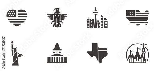 Icons related to USA. Buildings, flags and symobls about United States of America.