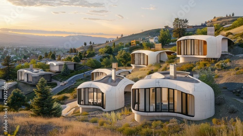 3d printed home in the top of a hill, in the background a neighborhood on the hills, many under construction concrete 3d printed homes with curvature architecture, evergreens photo