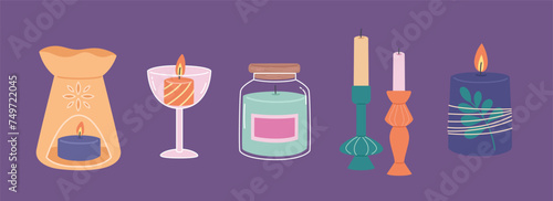 Set of scented candles for decoration home or spa. Aromatherapy and relax craft design collection. Candlelight with wick and wax. Flat cartoon style vector illustration