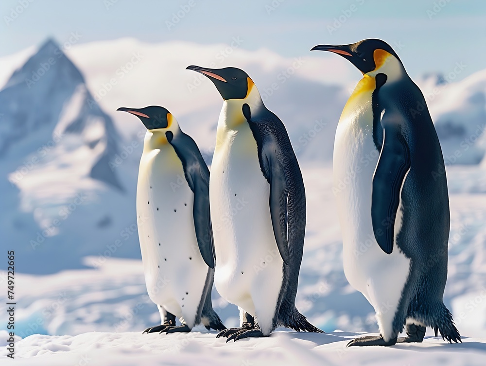 Fototapeta premium Generative AI : king penguins on South Georgia Island Antarctica, sky and ice mountain background