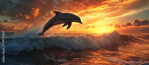 A dolphin leaps out of the water, illuminated by the beautiful sunset over the sea, creating a stunning visual moment. © TheWaterMeloonProjec