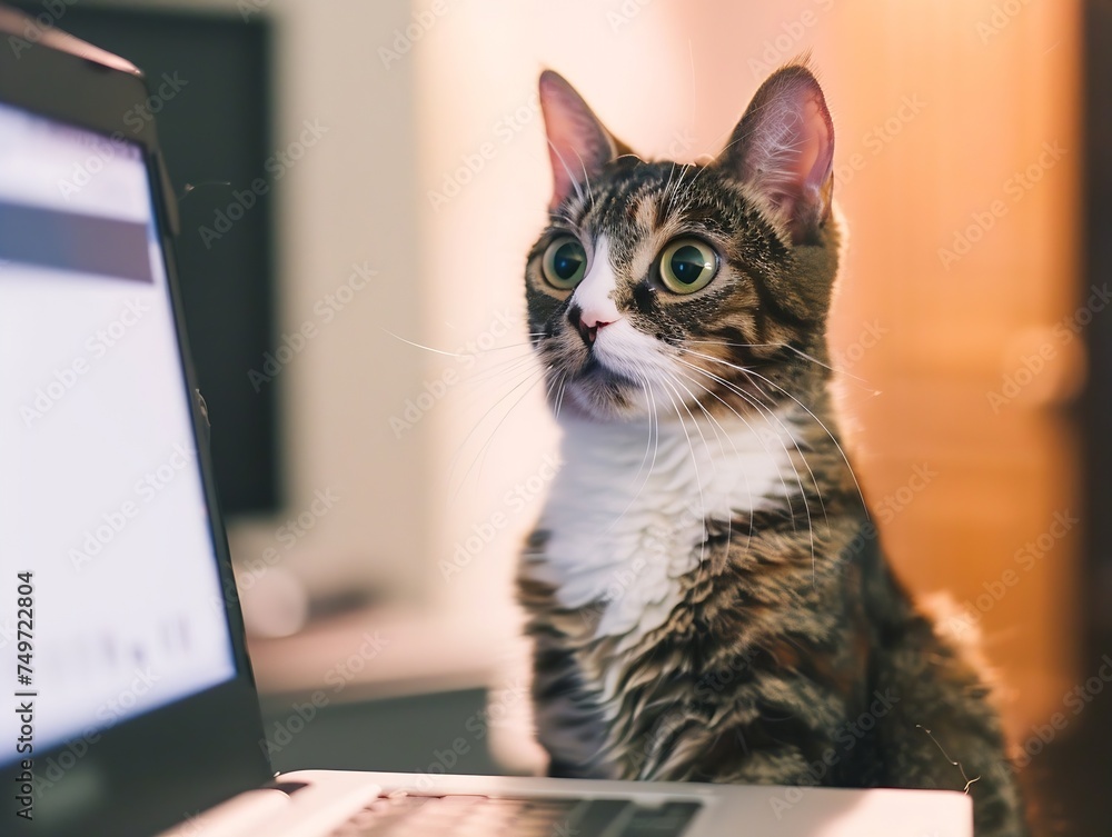 Generative AI : cat sitting in front of laptop on the floor and stares at the monitor Generative AI : cat sitting in front of laptop on the floor and stares at the monitor