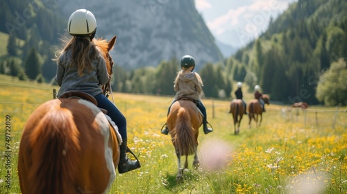 Kids galloping across the Alps Horse ranches in Austria. Generative Ai. © Planum