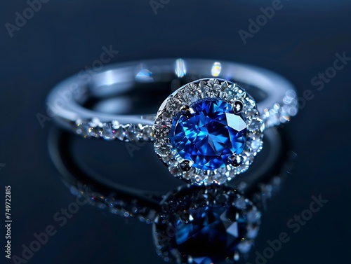 Generative AI : Isolated white gold ring with diamonds and huge blue sapphire