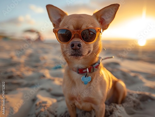 Generative AI : adorable brown chihuahua dog wears sunglasses posing on a beach in sunglasses. © The Little Hut