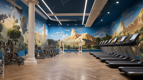 A gym with a Greek mythology theme, featuring workouts inspired by ancient Greek gods and mythology decor.
