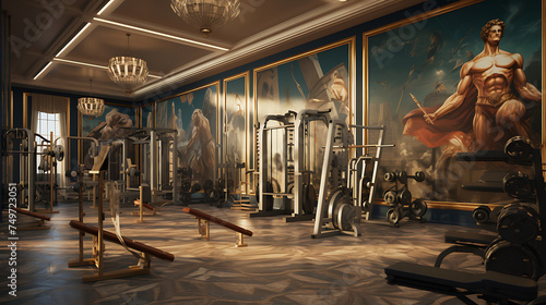 A gym with a Greek mythology theme, featuring workouts inspired by ancient Greek gods and mythology decor. © Muhammad