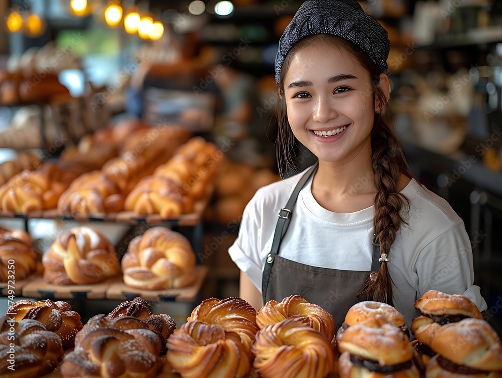 Generative AI : Startup business owner female baker entrepreneur standing at the counter of bakery