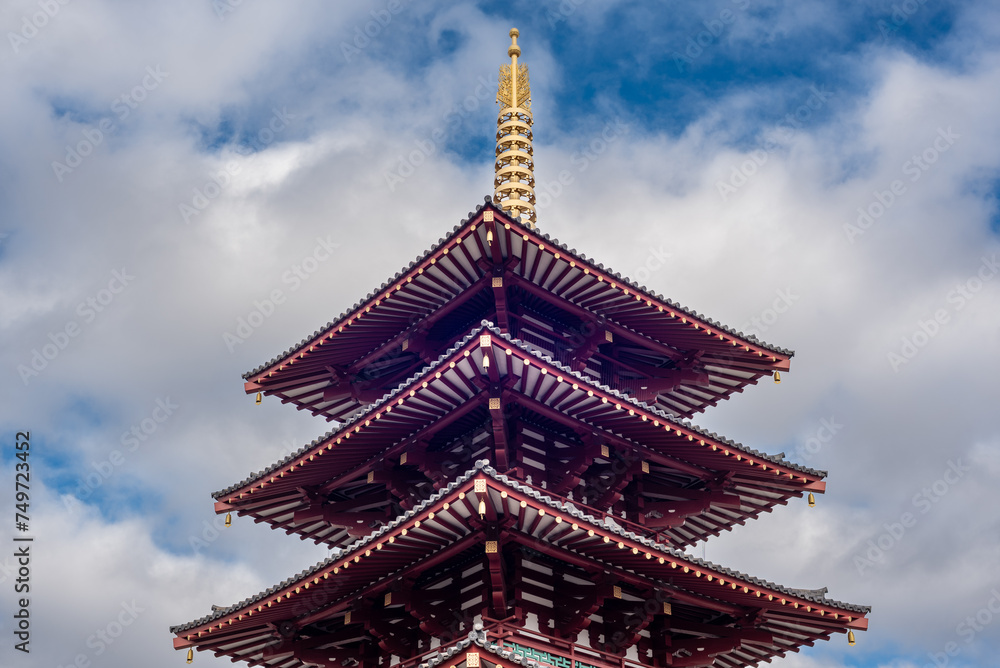 Five Story Pagoda of Shitennoji the oldest Buddhist Temple in Japan founded in 593 by the prince Shotoku Taishi in Osaka Five Story Pagoda of Shitennoji the oldest Buddhist Temple in Japan founded in 593 by the prince Shotoku Taishi in Osaka