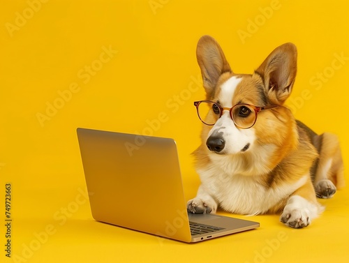 Generative AI : Cute corgi dog looking at laptop in glasses on yellow background