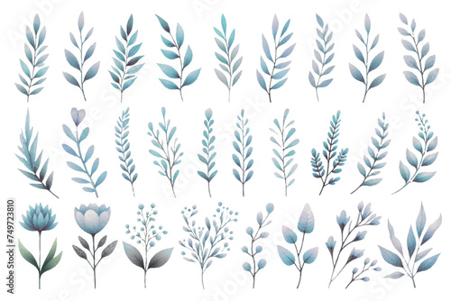 Watercolor illustration material set of blue botanical motifs