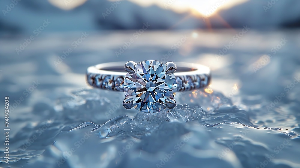 Generative AI : Diamond ring, on a glacier, white athmosphere Generative AI : Diamond ring, on a glacier, white athmosphere
