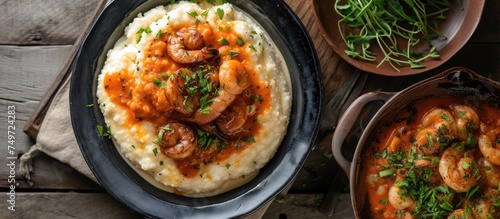 A plate showcasing a comforting meal of mashed potatoes topped with succulent shrimp and savory gravy. The creamy texture of the potatoes complements the tender shrimp and flavorful gravy in a