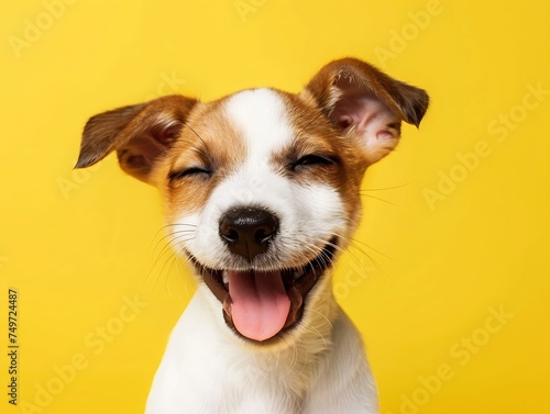 Generative AI : Happy puppy dog smiling on isolated yellow background.