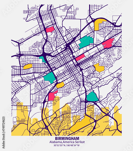 Abstract vector map of the city of Birmingham  Alabama  United States  with color combinations for walls and home posters