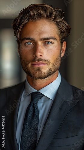 Generative AI : Photo of a young male outbound sales specialist agent in formal corporate dressin